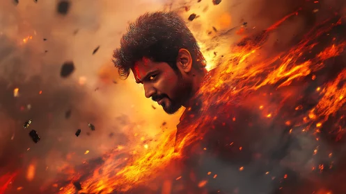 Male figure emerging through dynamic flames and debris.