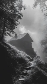 Fog-draped forest cabin with stone path in high contrast grayscale