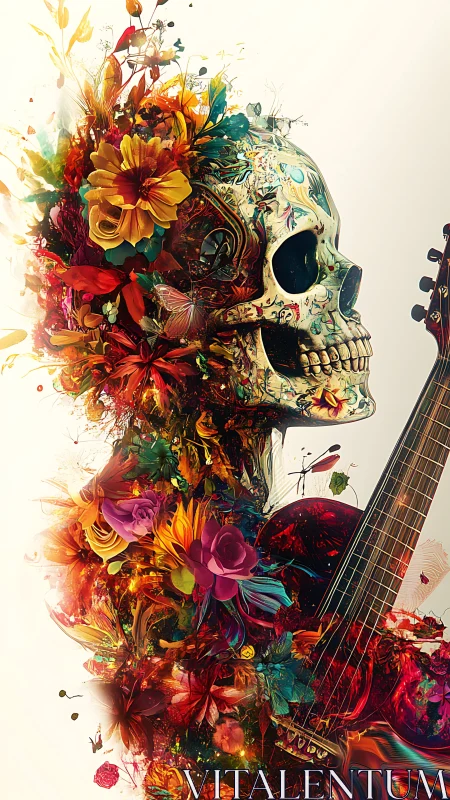 Floral skull silhouette merges with electric guitar body