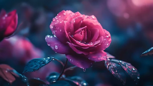 Radiant Rose Glistens with Morning Dewdrops