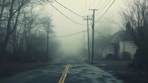 Moody fog drapes a quiet neighborhood road in soft mystery