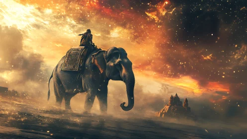 Starlit elephant and rider journey calmly toward distant temple
