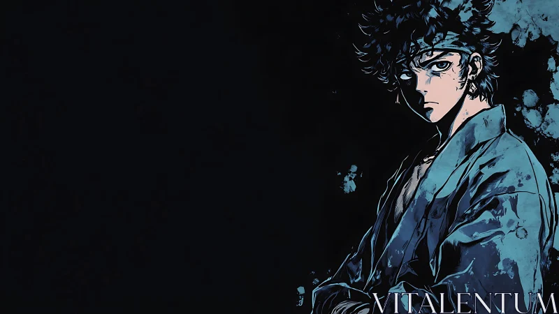 Stylized anime warrior portrait with high-contrast negative space.