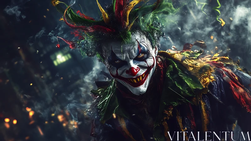 Sinister neon clown in smoky night street environment.