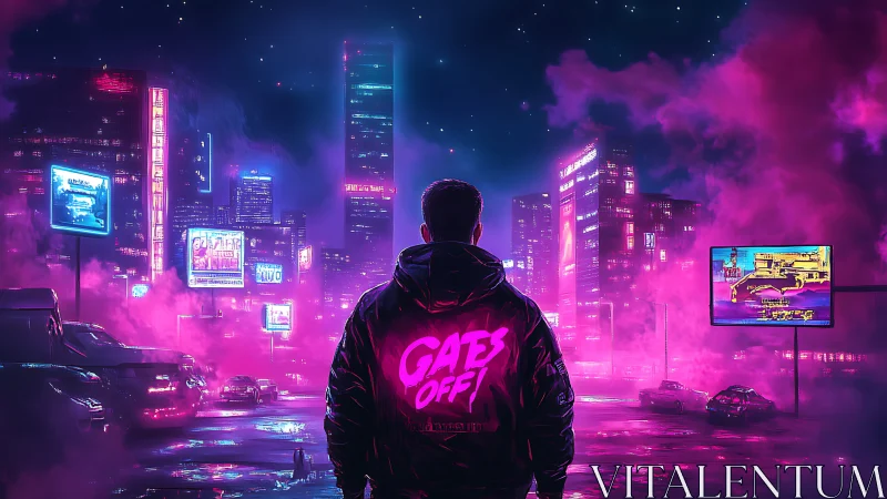 Neon drifter gazes into electric city of restless dreams.