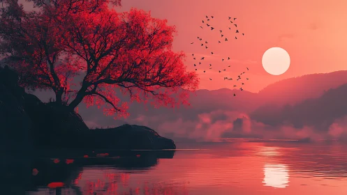 Red-lit lakeside tree and birds rendered in atmospheric depth
