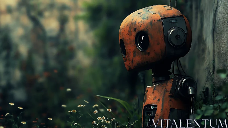 Weathered orange robot stands near wall amid soft foliage
