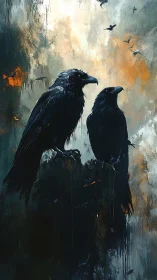 Twin ravens brood over stormlit abstract sky. Period.