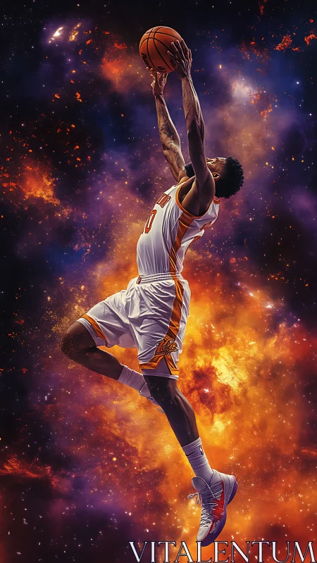 Basketball player soars for a dunk through cosmic nebula light