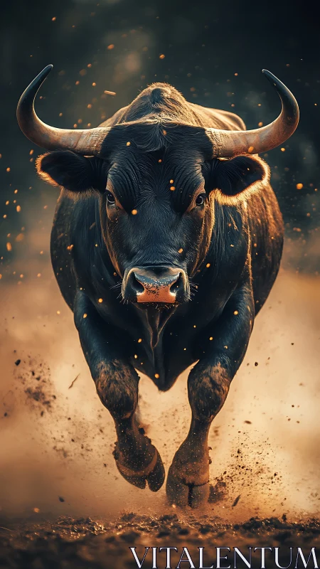 Charging bull storms through dust in dramatic warm light