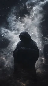 Shrouded cosmic figure silhouetted against luminous nebular dust