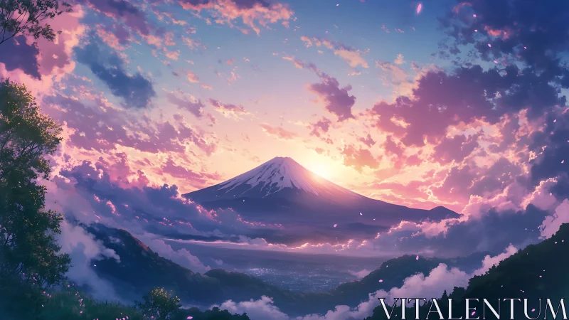 Gentle sunrise light embraces a tranquil snow capped mountain