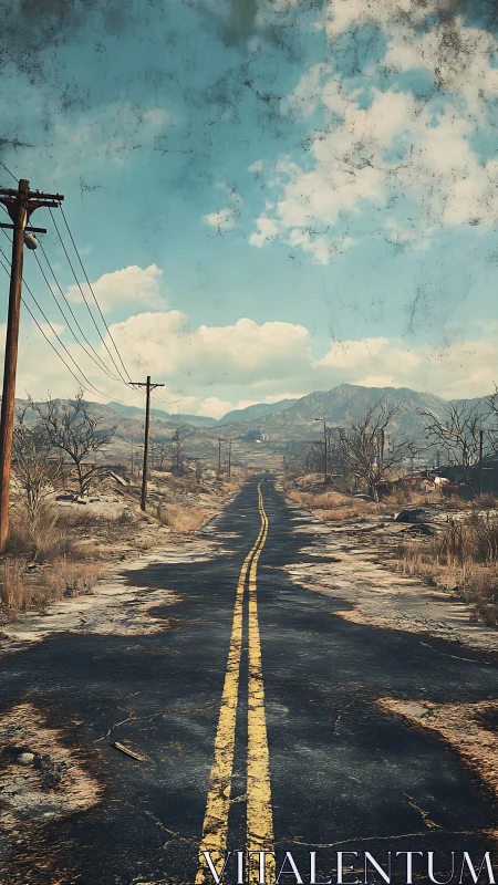 Deserted yellow highway stitches through cracked wasteland sky.