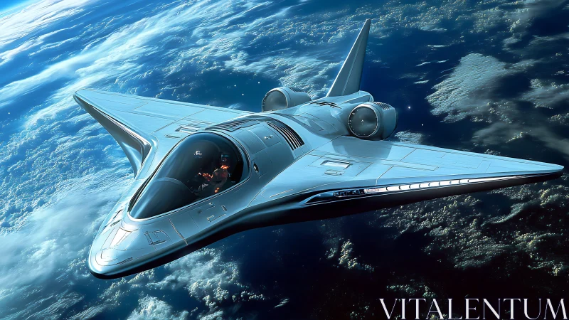 Futuristic delta-wing orbital shuttle above cloud-covered Earth