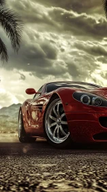 Red supercar cuts coastal road under stormlit sunset sky.