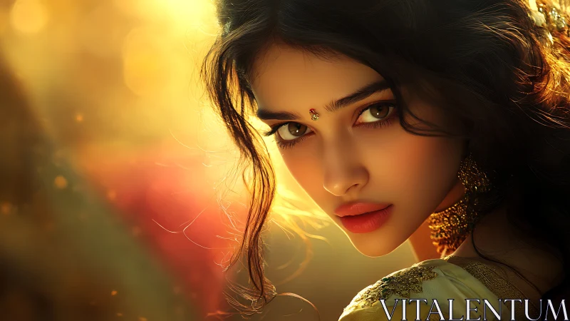 Sunlit portrait of adorned woman in warm cinematic close-up