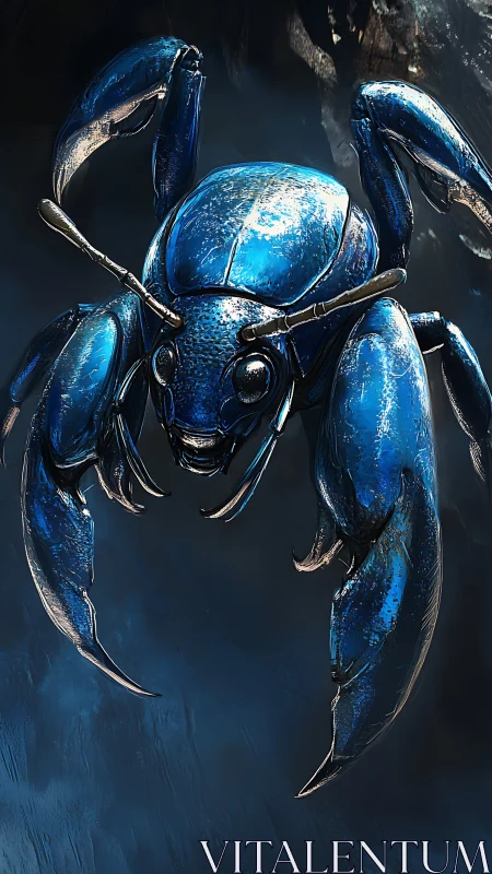 Metallic blue insect with armored body in dark environment.