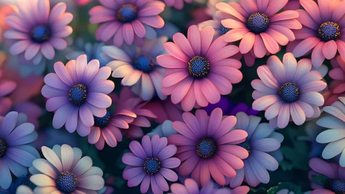 Osteospermum daisy composite flowers with volumetric pink-to-purple gradient petals and deep azure d