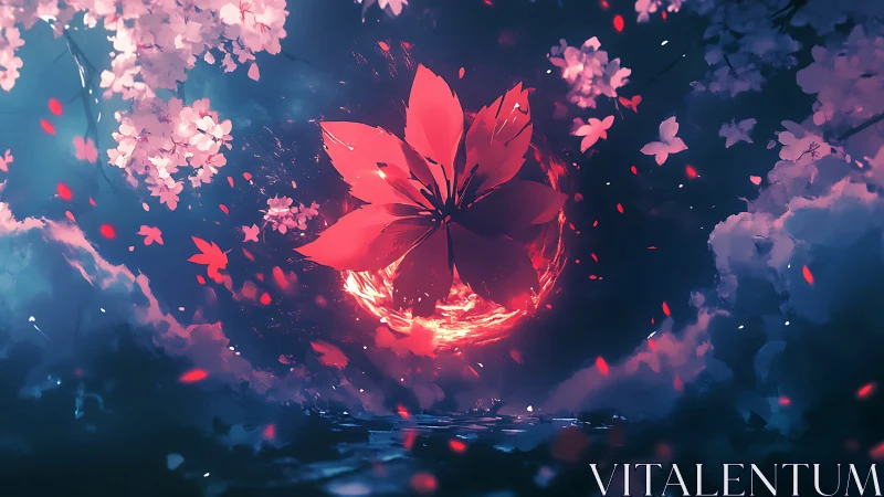 Central red blossom forms against luminous circular vortex