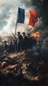 French tricolor raised over embattled Napoleonic hillside.