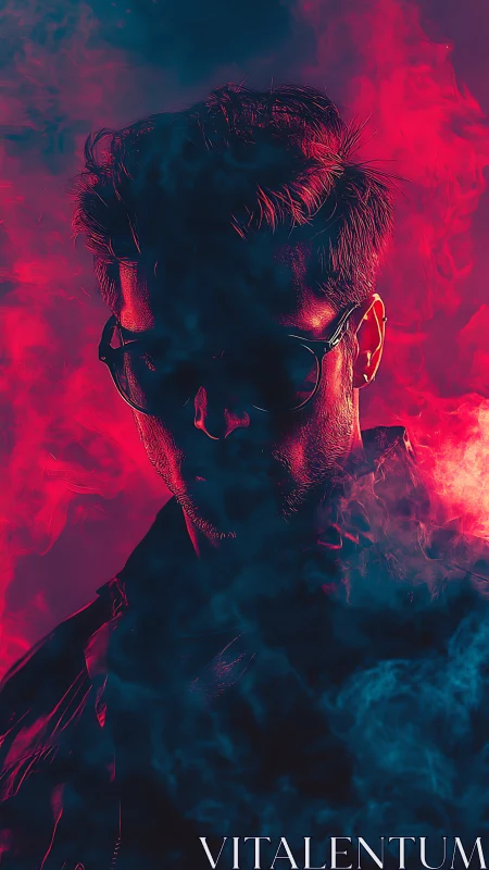 Moody portrait of man in neon red and blue smoke lighting.