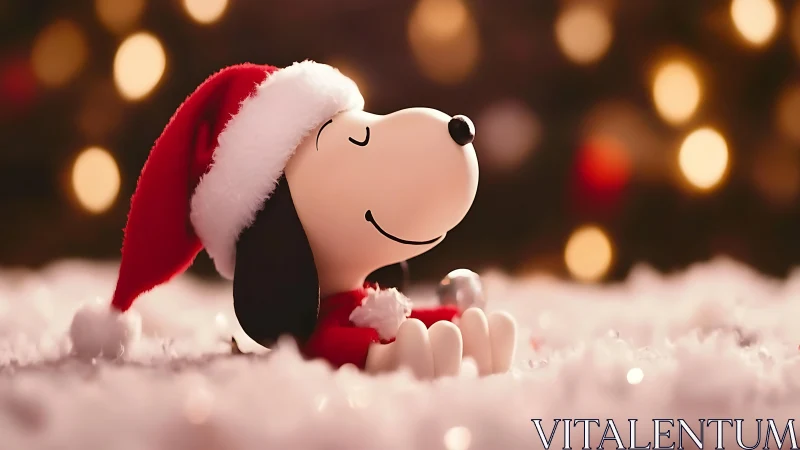 Holiday beagle figurine in Santa hat amid soft bokeh glow.