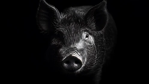High-contrast frontal portrait of wild boar in chiaroscuro lighting.