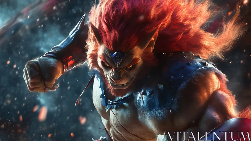 Muscular feline humanoid advances with clenched forward fist