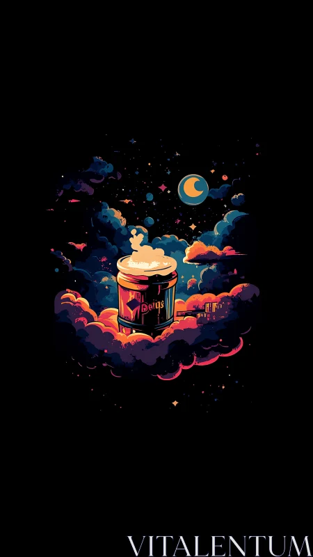 Cosmic coffee cup floats through neon clouds at night sky