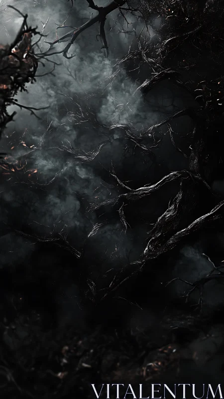 Twisted nocturnal branches in dense cinematic fogscape.