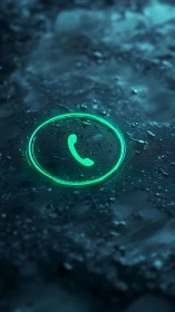 Neon phone icon glows on wet glass with teal reflections.