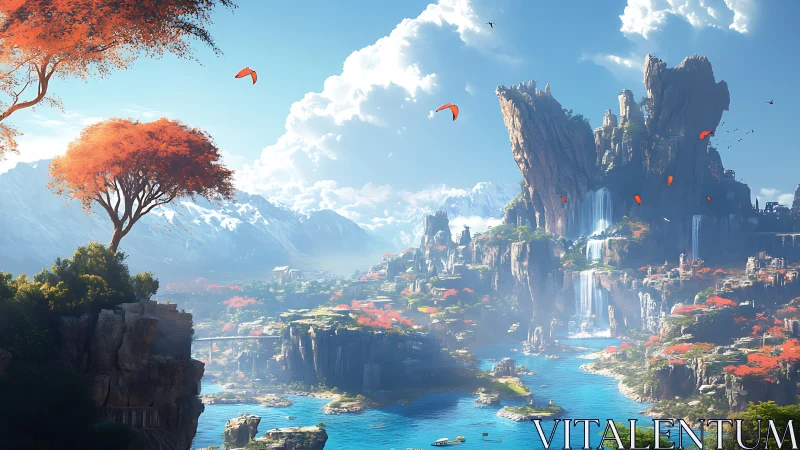 Sky-laced waterfalls and ember trees over sapphire coves.