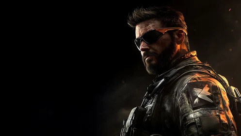 Armored tactical operative framed by burning rim light