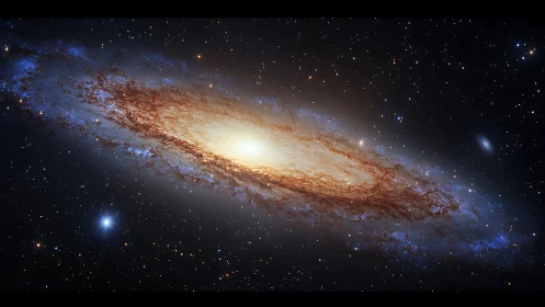 Spiral galaxy core glows through dense dust and starfield.