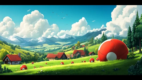 Idyllic valley landscape with spherical red forms in field.