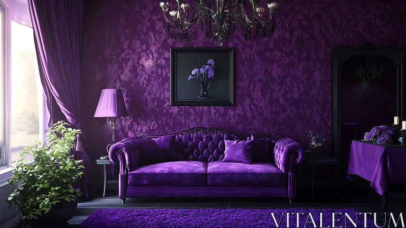 Lush purple living room invites cozy, dramatic relaxation time