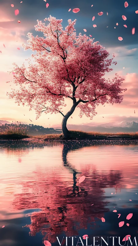 Solitary cherry tree glows in pastel sunset reflection.