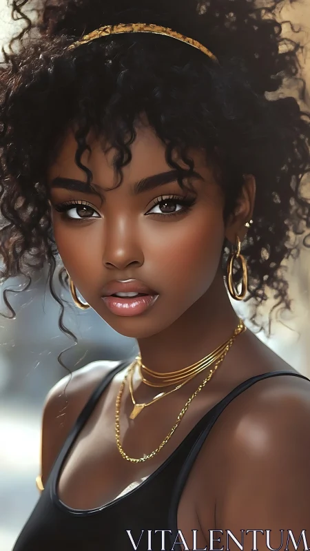 Curly haired woman in gold jewelry looks directly at viewer