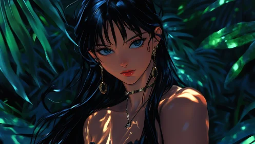 Dark haired anime woman in lush tropical jungle light.