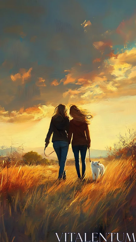 Sunset walk unites two friends and a dog in golden fields.