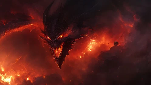 Volumetric-lit dragon head emerges from turbulent infernal clouds