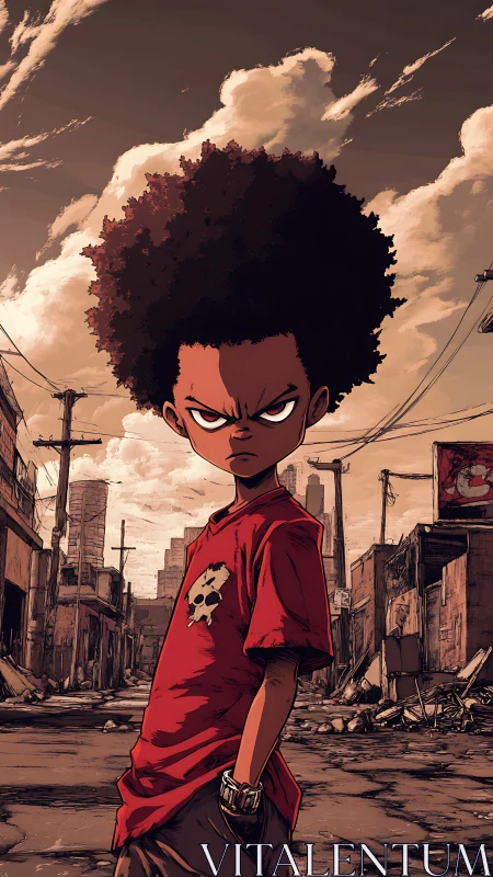 Defiant boy in red shirt standing in ruined city street.