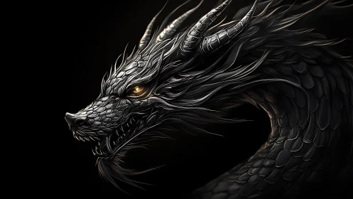 Midnight dragon coils in the dark with a watchful golden eye