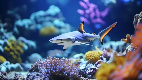 Reef shark glides through vivid coral garden in blue water.