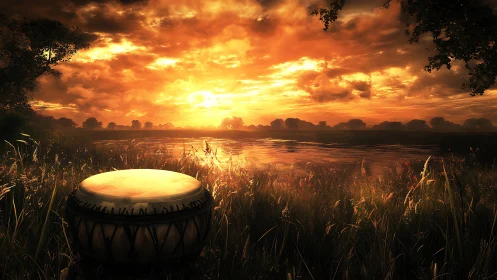 Hand drum in glowing sunset light beside calm riverbank.