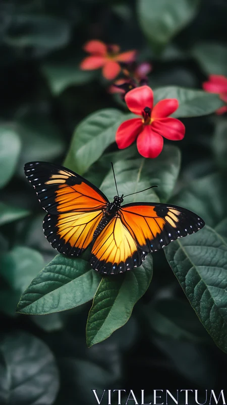 Macro study of orange butterfly on foliage with red blossoms