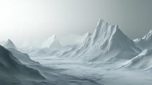 Parametric ice mountain field under volumetric polar haze.