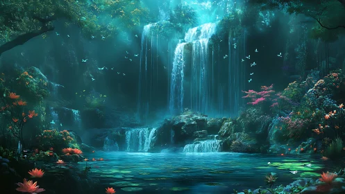 Enchanted forest waterfall glows above a tranquil lagoon.