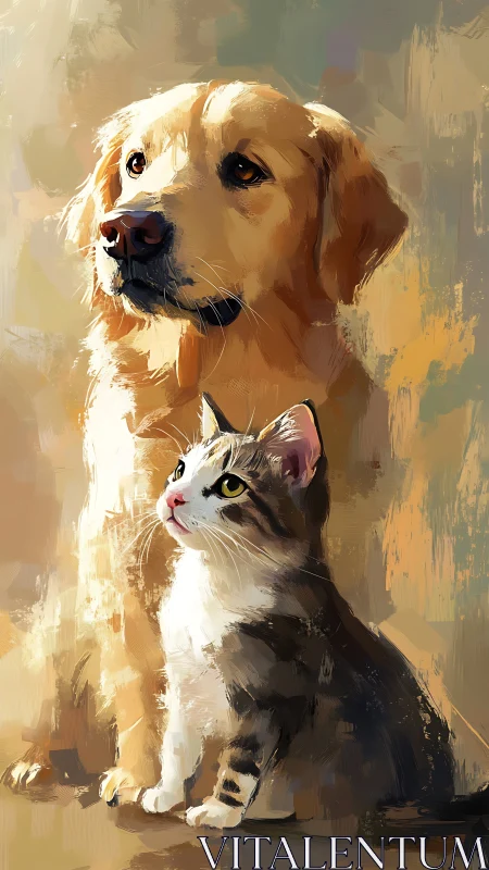 Golden Retriever and Tabby Cat Composition: Digital Portrait Study.
