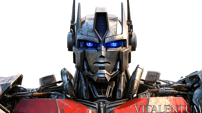 Front view of detailed humanoid robot with blue optics.